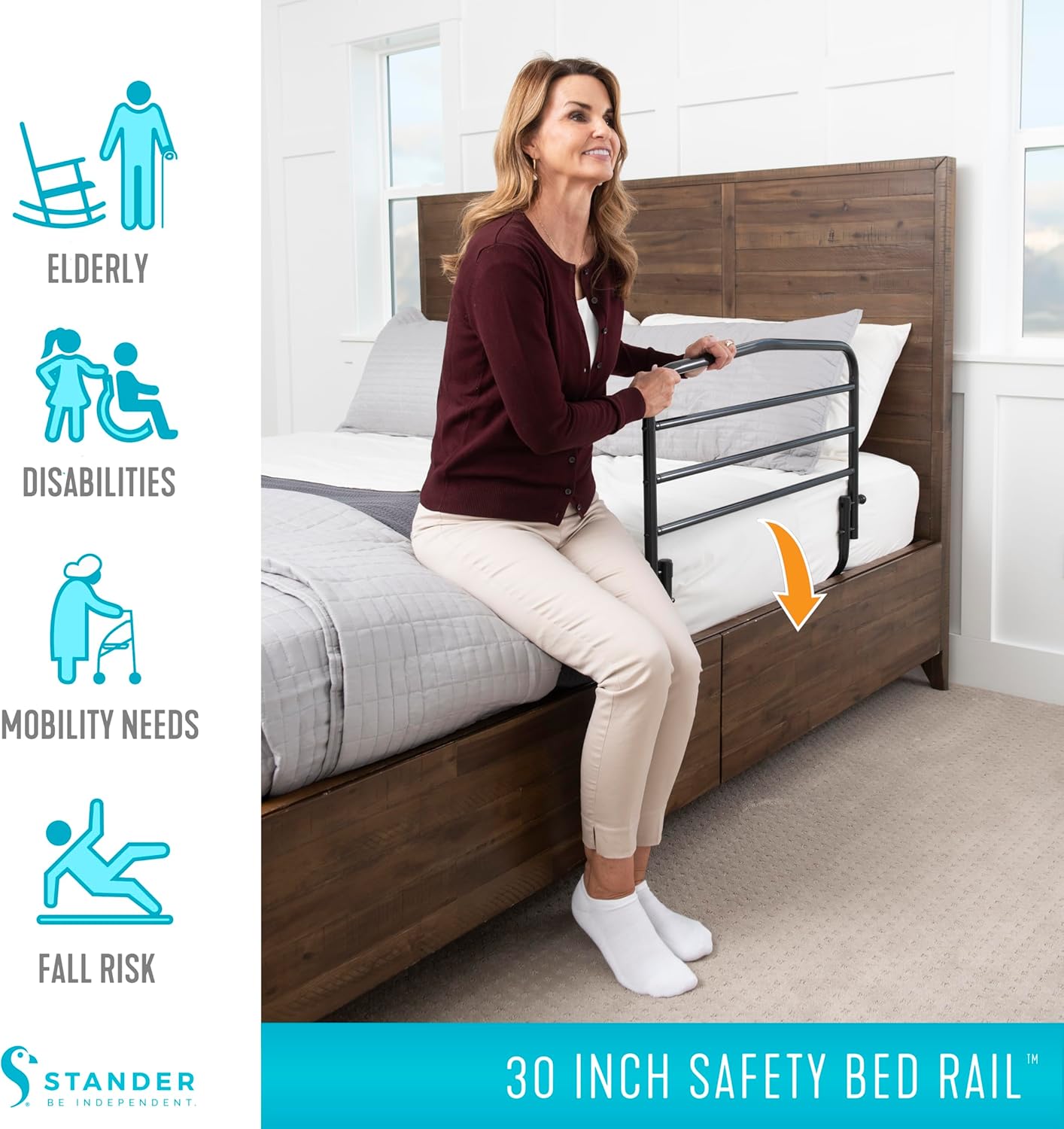 Barandilla de cama de seguridad para el hogar Stander de 30" - Prevención de caídas + Se gira hacia abajo para no estorbar + Incluye correa de seguridad + Garantía de por vida. - Image 3