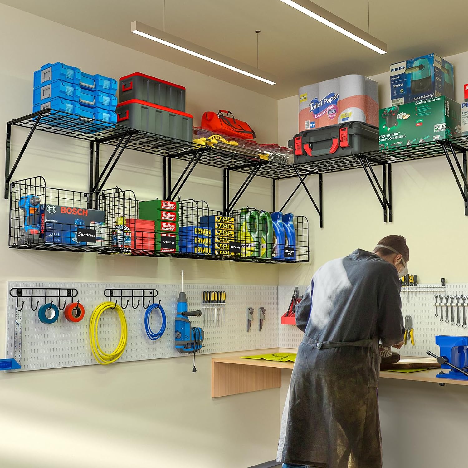 ThreeHio. Paquete de 2 estantes de cochera montados en la pared con cestas de almacenamiento de alambre, estantería de pared de cochera resistente con ganchos, estantes flotantes de madera. - Image 2