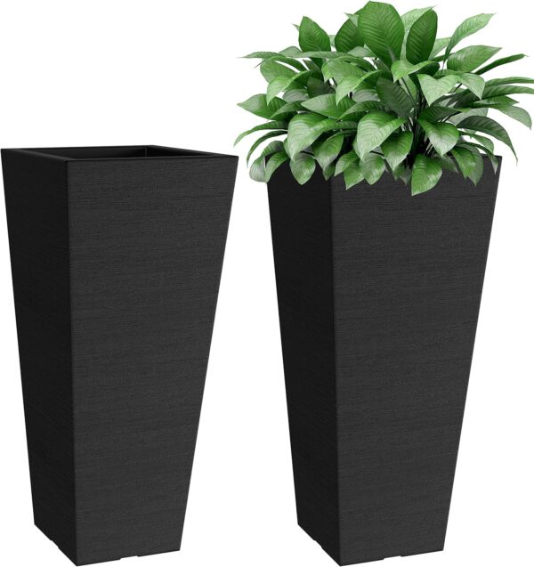 Juego de 2 macetas altas para exteriores – Macetas grandes de 24 pulgadas con macetas pequeñas – Macetas rectangulares para interiores y exteriores para puerta delantera, patio y cubierta (negro).