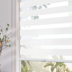 Persilux - Persianas de cebra sin cuerda para ventanas (15 pulgadas de ancho x 47 pulgadas de alto, color blanco) filtran la luz para ventanas interiores, persianas transparentes con aislamiento.