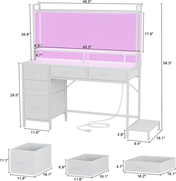 Korfile - computadora para juegos de computadora con clóset, computadora de oficina en casa con tomas de corriente, luz LED, 5 cajones de almacenamiento, estantes de 2 niveles para visualización. - Image 2