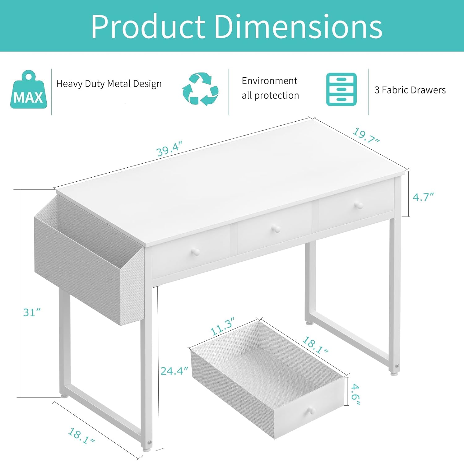 Lufeiya - computadora pequeño de computadora blanco con cajones de tela para oficina en casa, recámara, computadora de cambiador de 40 pulgadas con cajón de almacenamiento y bolsa lateral. - Image 3