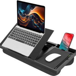 computadora de regazo para portátil con cojín, 9 ángulos ajustables, se adapta a portátiles de hasta 15.6 pulgadas, alfombrilla para mouse integrada, ranuras para teléfono y bolígrafo.
