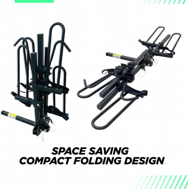Portabicicletas de enganche directo fiable para camión, SUV y coche, estilo de bandeja de plataforma, diseño compacto y plegable, capacidad para 2 bicicletas para receptores de enganche de 3,17 cm y 5,08 cm (adaptador incluido). - Image 2