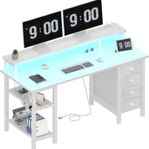 Lufeiya - computadora blanco con soporte para monitor, luces LED y tomas de corriente, computadora de oficina en casa de 47 pulgadas, computadora para juegos de computadora con cajones.