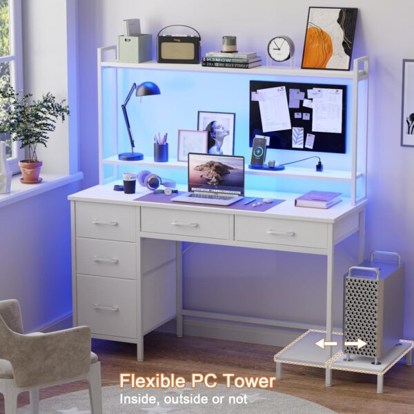 Korfile - computadora para juegos de computadora con clóset, computadora de oficina en casa con tomas de corriente, luz LED, 5 cajones de almacenamiento, estantes de 2 niveles para visualización. - Image 3
