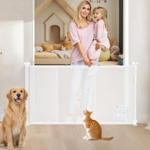 Puertas retráctiles sin perforación, puerta de bebé extra ancha con tira reforzada, puerta de malla para bebé y perro se extiende a 71 pulgadas de ancho y 34 pulgadas de alto.