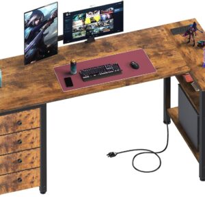 Lufeiya - computadora de computadora en forma de L con cajones y estantes de almacenamiento, computadora de esquina de 55 pulgadas con toma de corriente para oficina en casa, recámara.
