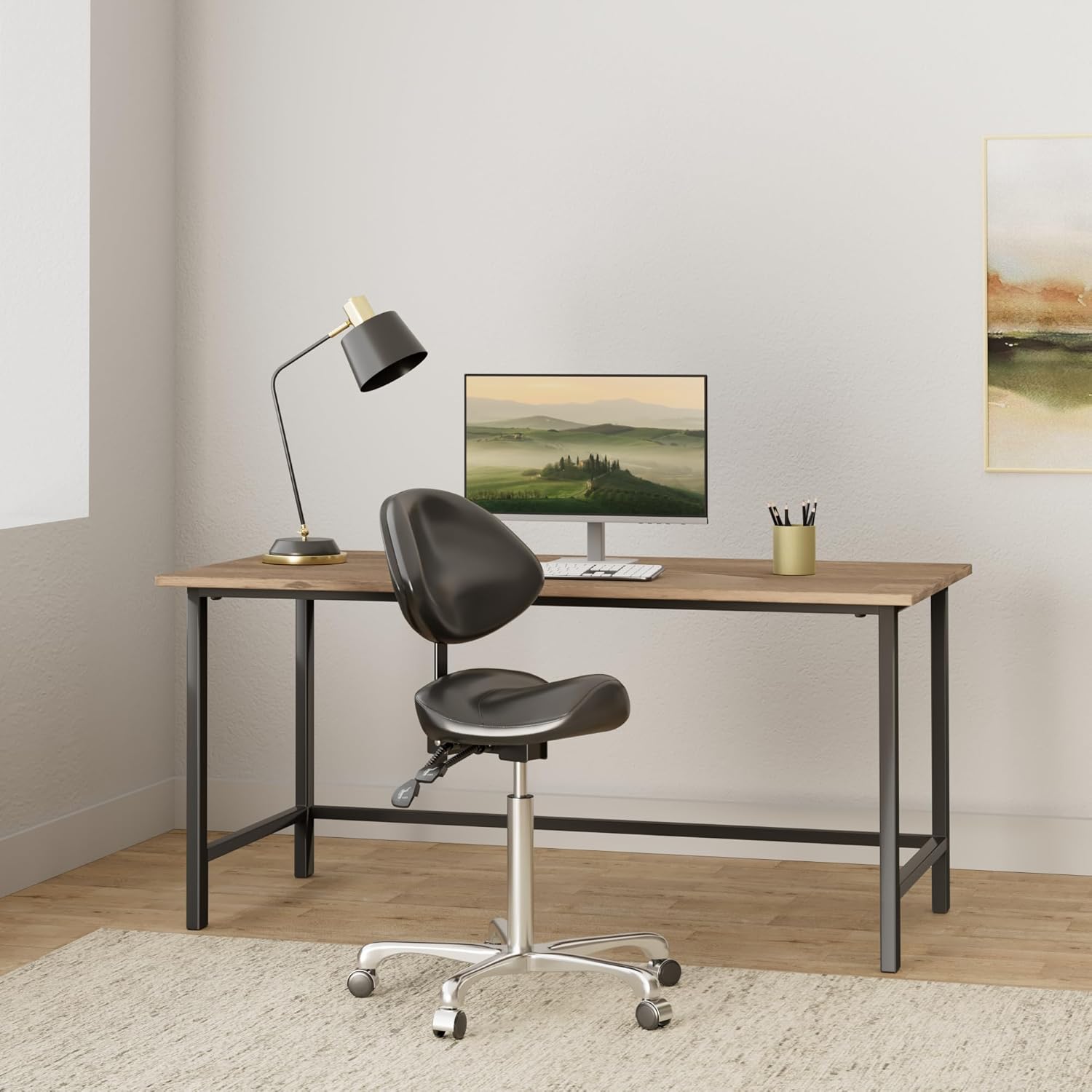 Kaleurrier - Taburete giratorio ergonómico con ruedas, altura ajustable y ajustable para clínica, peluquería, laboratorio, oficina, sillas de dibujo (negro, con espalda). - Image 2