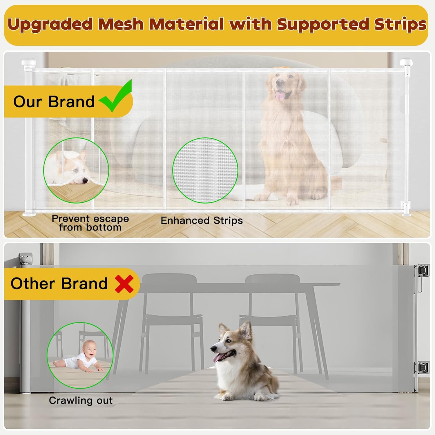 Puertas retráctiles sin perforación, puerta de bebé extra ancha con tira reforzada, puerta de malla para bebé y perro se extiende a 71 pulgadas de ancho y 34 pulgadas de alto. - Image 3