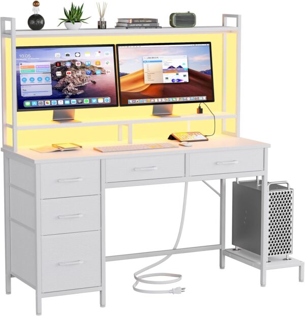 Korfile - computadora para juegos de computadora con clóset, computadora de oficina en casa con tomas de corriente, luz LED, 5 cajones de almacenamiento, estantes de 2 niveles para visualización.