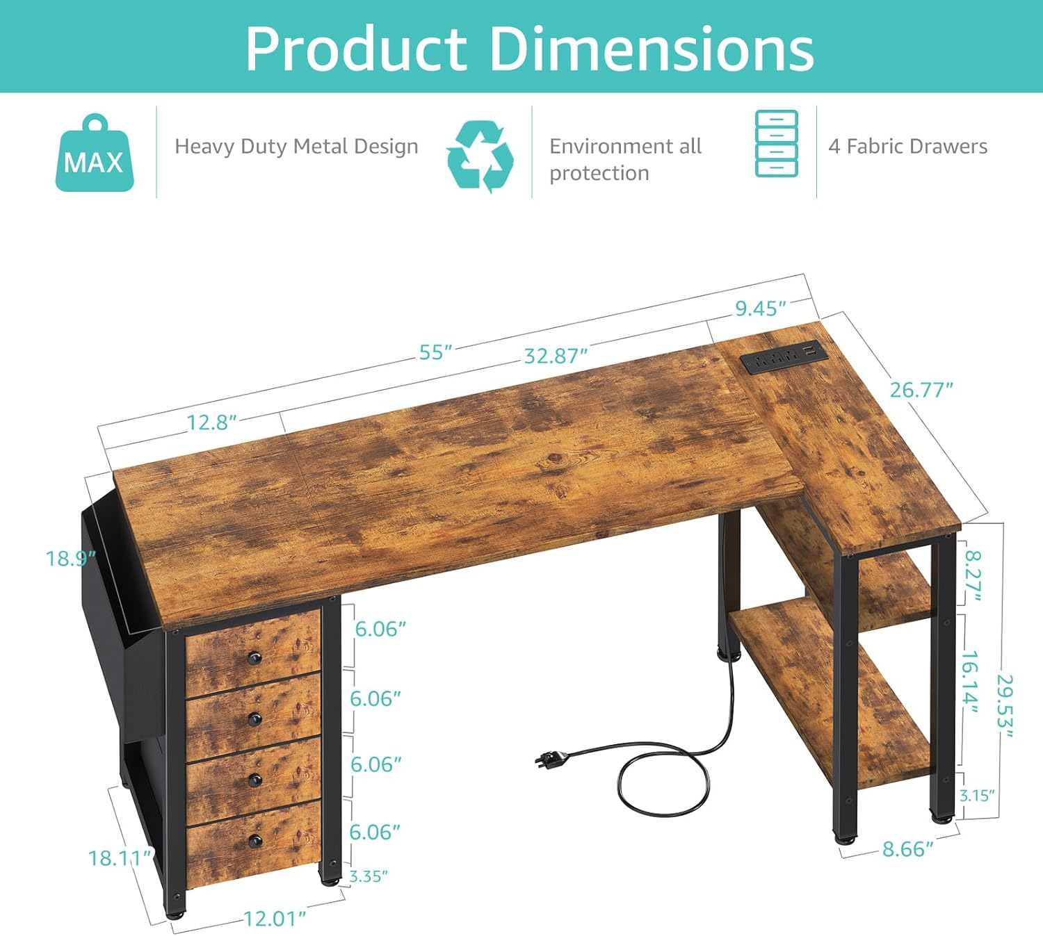 Lufeiya - computadora de computadora en forma de L con cajones y estantes de almacenamiento, computadora de esquina de 55 pulgadas con toma de corriente para oficina en casa, recámara. - Image 3