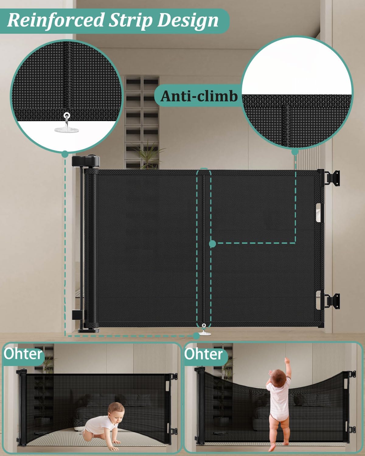 Puertas de bebé retráctiles de 59 pulgadas para escaleras, puerta retráctil para perros de 48 pulgadas de alto, se extiende a 55 pulgadas de ancho, puerta retráctil de 5 pies. - Image 2