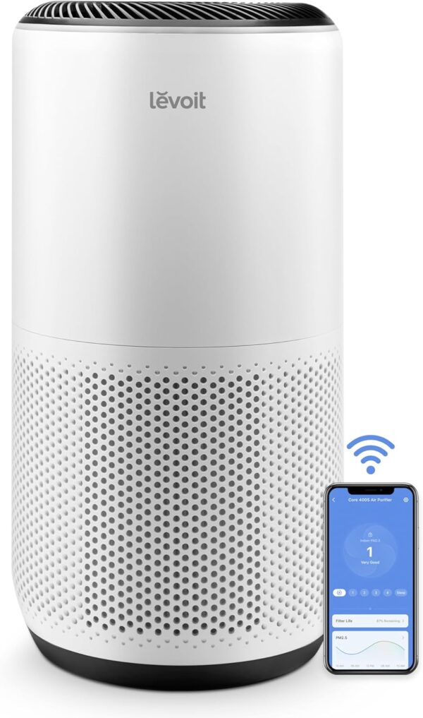 LEVOIT Purificador de aire para habitación grande, Modo WiFi inteligente y automático con monitor de calidad del aire, elimina partículas, alergias a mascotas, humo, polvo, polen, Core 400S, blanco.