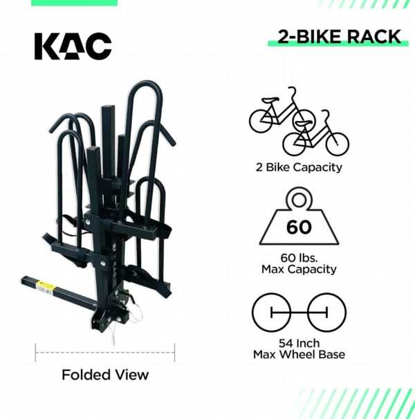 Portabicicletas de enganche directo fiable para camión, SUV y coche, estilo de bandeja de plataforma, diseño compacto y plegable, capacidad para 2 bicicletas para receptores de enganche de 3,17 cm y 5,08 cm (adaptador incluido). - Image 3
