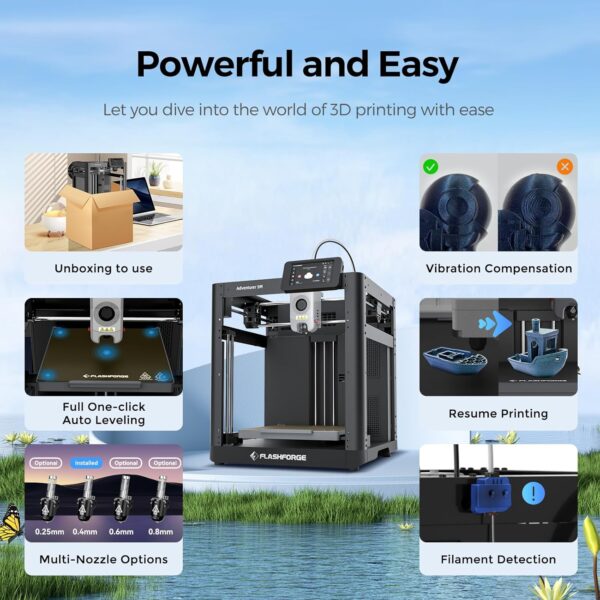 FLASHFORGE Adventurer Impresora 3D 5M, impresoras 3D FDM de alta velocidad máxima de 600 mm/s con nivelación automática, extrusora directa de 280 °C con boquilla desmontable 3S, estructura metálica. - Image 3