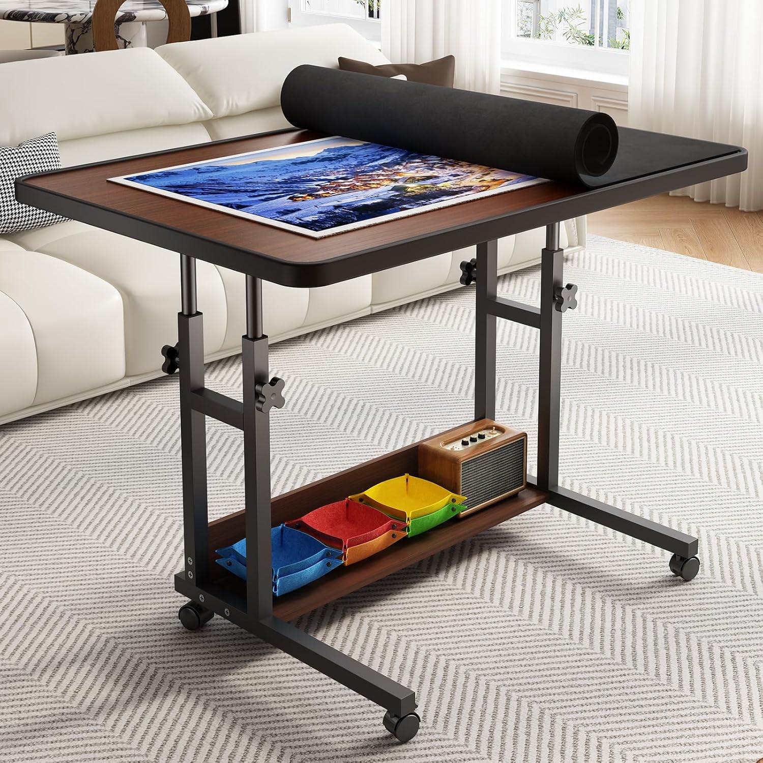 upvercy - Mesa de rompecabezas ajustable moderna con estante de almacenamiento y ruedas, 1500 piezas con patas y 6 bandejas y cubierta, mesa de rompecabezas de 34 x 26.5 pulgadas, acabado de grano .