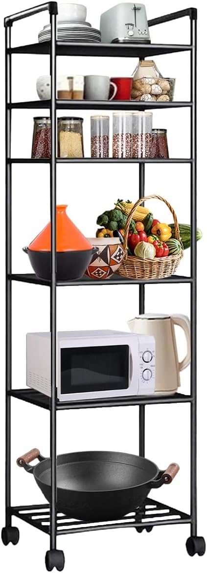 Estante de Metal de 6 Niveles con Ruedas, fácil de Montar, Puede almacenar microondas, Utensilios de Cocina, Aperitivos, Adecuado para el Cuarto de baño, Oficina y Cocina Estante de Almacenamiento.