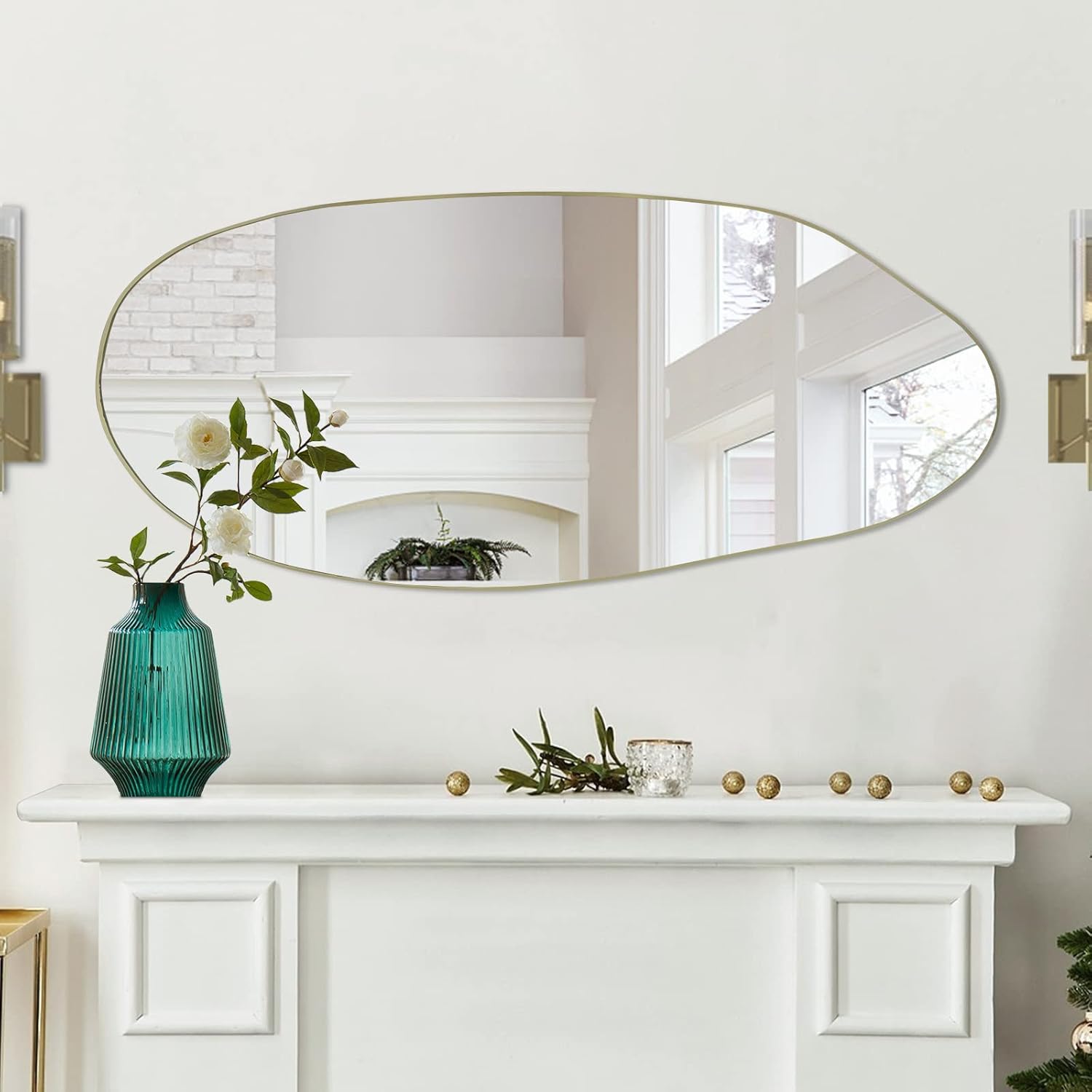 DAOYIJIAJU Espejo irregular, espejo asimétrico, moderno espejo de pared de vestidor, espejo glamoroso decorativo con marco dorado, espejo corporal irregular para chimenea, sala de estar, baño, recámara, entrada, 47 x 20 pulgadas. - Image 2