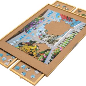 Bits and Pieces - Meseta de rompecabezas de madera de tamaño gigante: superficie de trabajo de tablero de fibra suave y cuatro cajones deslizantes completan este sistema de almacenamiento de rompecabezas.