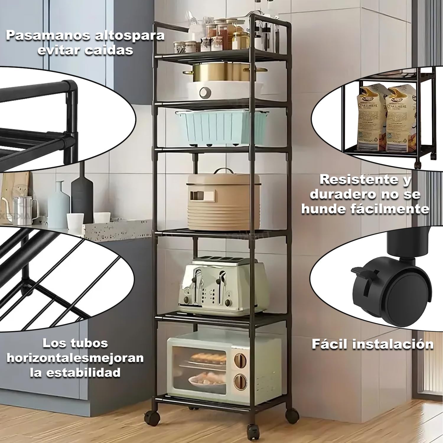 Estante de Metal de 6 Niveles con Ruedas, fácil de Montar, Puede almacenar microondas, Utensilios de Cocina, Aperitivos, Adecuado para el Cuarto de baño, Oficina y Cocina Estante de Almacenamiento. - Image 3