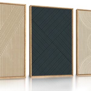 Ausril - Juego de arte de pared de lona enmarcado con línea minimalista neutral, decoración abstracta de color beige, pintura de pared moderna ilustración, impresión artística bohemia de mediados.