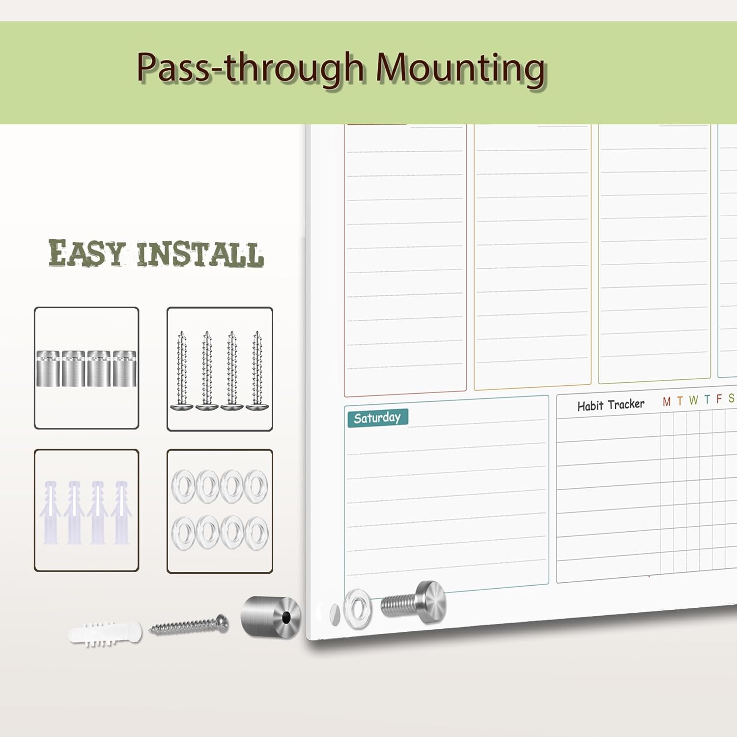 Marribol - Calendario de borrado en seco semanal de vidrio colorido para pared, 24 x 36 pulgadas, montaje sin marco, oficina, escuela, hogar, planificador grande sin marco, tablero blanco. - Image 3