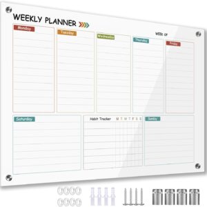 Marribol - Calendario de borrado en seco semanal de vidrio colorido para pared, 24 x 36 pulgadas, montaje sin marco, oficina, escuela, hogar, planificador grande sin marco, tablero blanco.