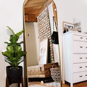 ITSRG Espejo de piso de cuerpo completo con soporte, espejo de pared arqueado, espejo de piso dorado no empotrado, espejo montado en la pared para recámara, sala de estar, dorado.