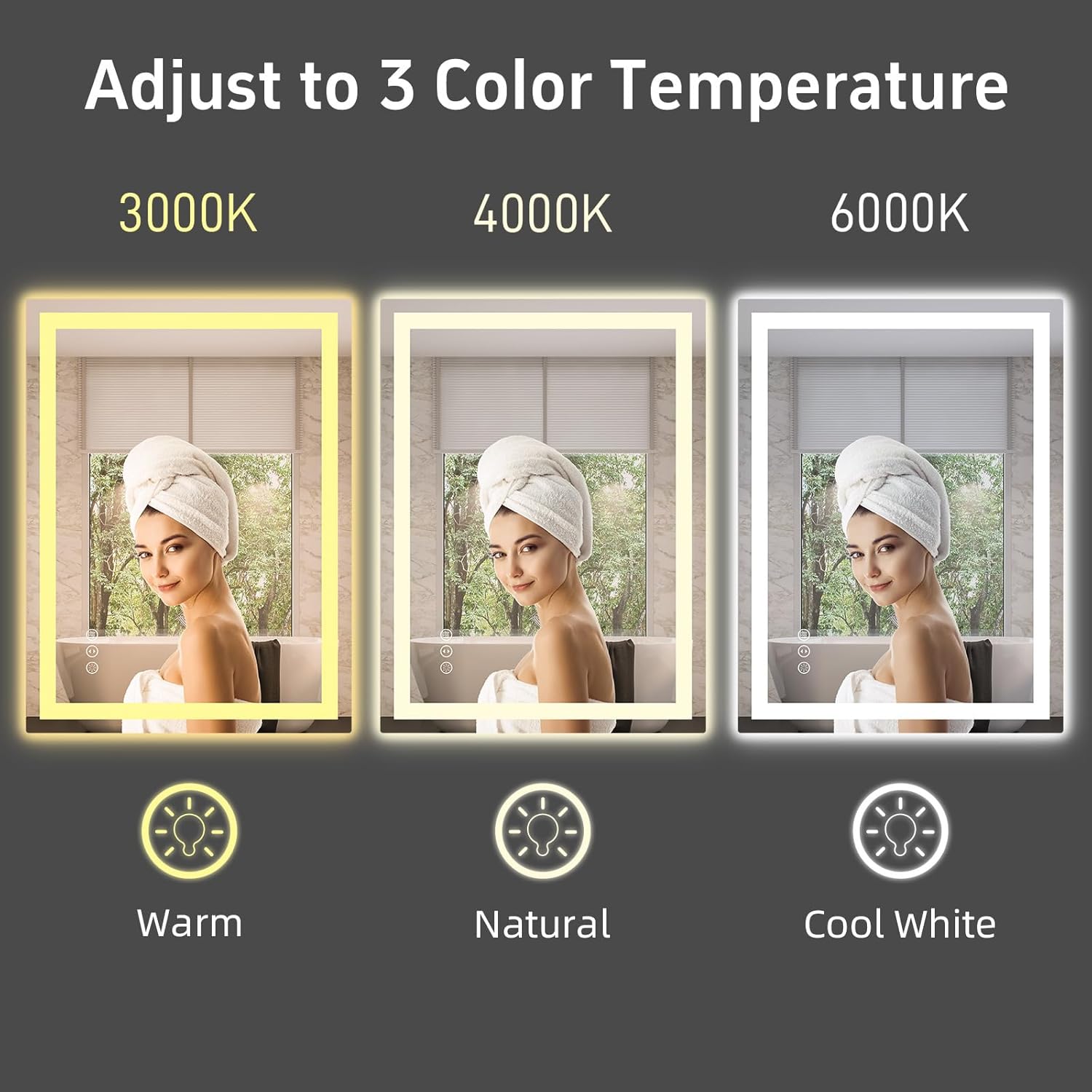 miskerm - Espejo de baño LED de 32 x 24 pulgadas con luces, antiniebla, regulable, retroiluminado + luz frontal, espejo de cambiador de baño iluminado para pared. - Image 3