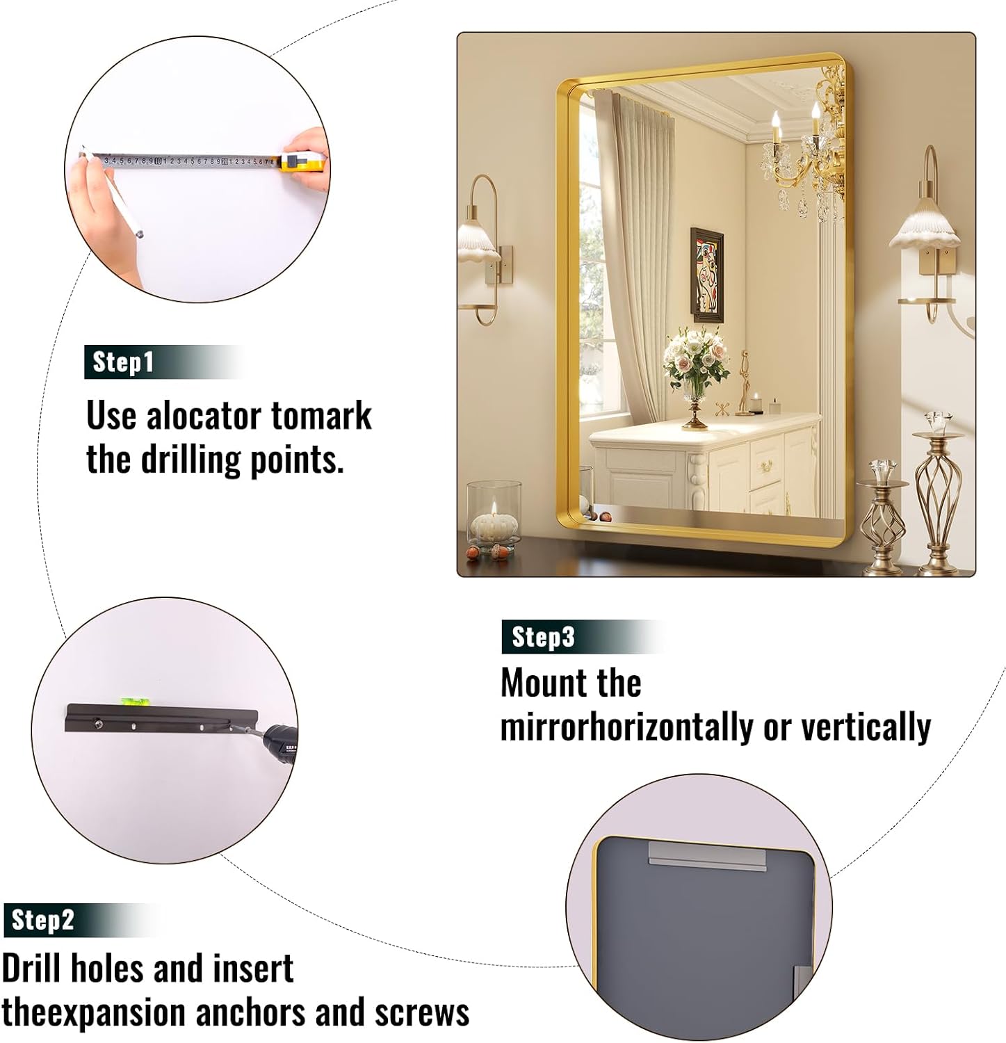 Easly - Espejo de baño Dorado de 36 x 24 Pulgadas para Pared, Marco de aleación de Aluminio, Espejo Rectangular para decoración de Granja, Horizontal o Vertical, Ideal para recámara, Sala de Estar. - Image 3