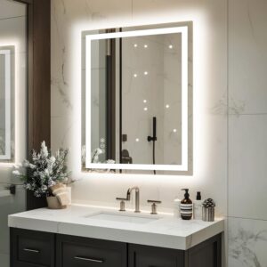 miskerm - Espejo de baño LED de 32 x 24 pulgadas con luces, antiniebla, regulable, retroiluminado + luz frontal, espejo de cambiador de baño iluminado para pared.