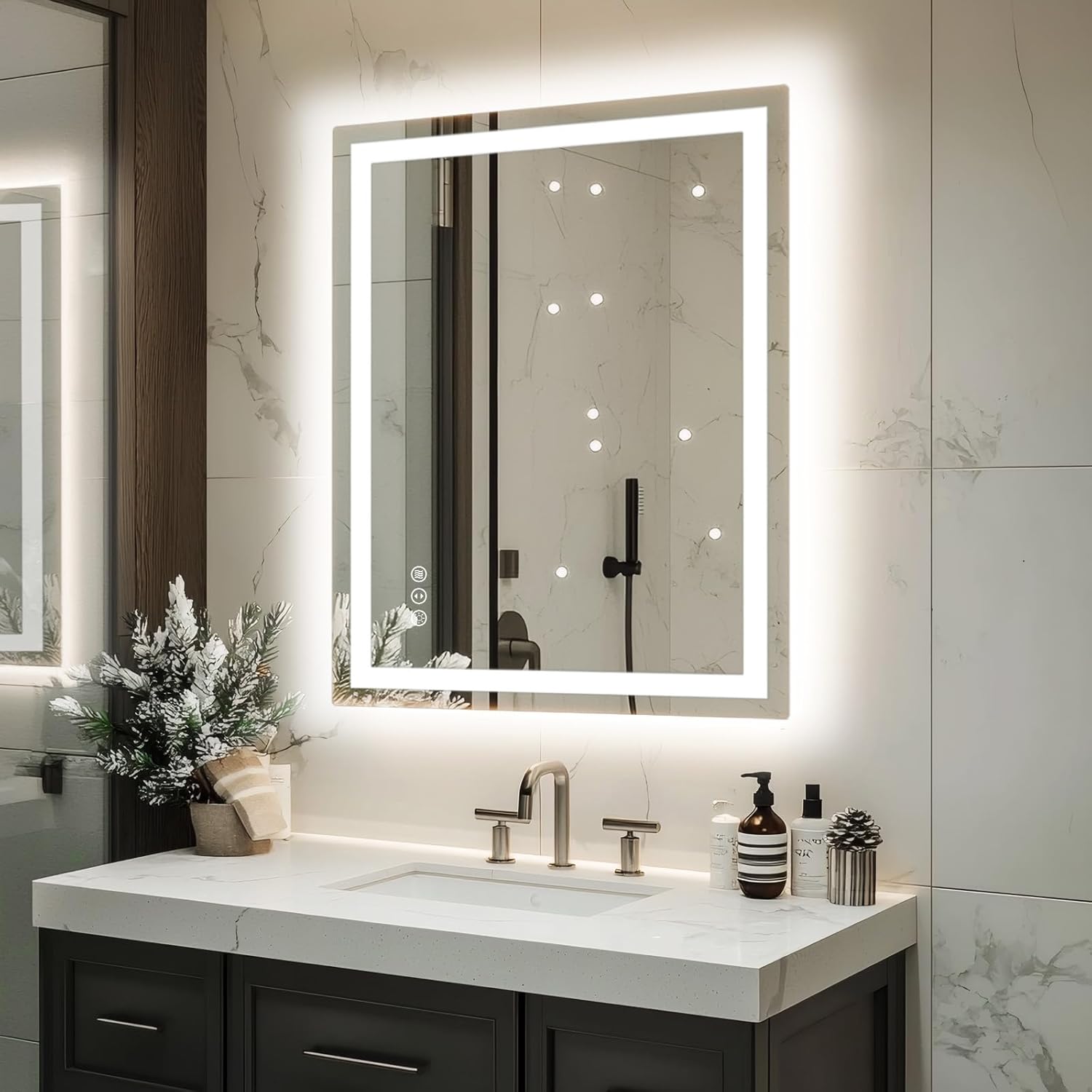 miskerm - Espejo de baño LED de 32 x 24 pulgadas con luces, antiniebla, regulable, retroiluminado + luz frontal, espejo de cambiador de baño iluminado para pared.