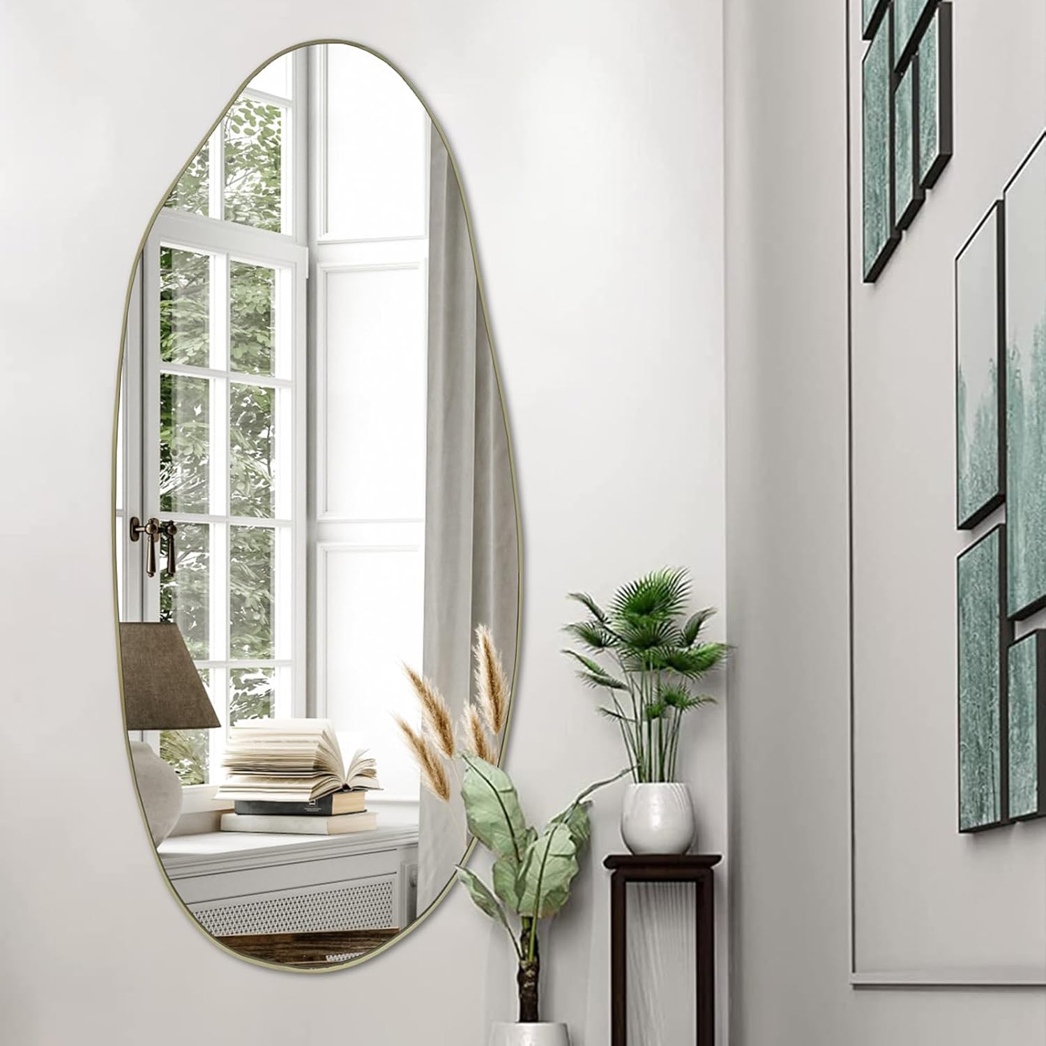 DAOYIJIAJU Espejo irregular, espejo asimétrico, moderno espejo de pared de vestidor, espejo glamoroso decorativo con marco dorado, espejo corporal irregular para chimenea, sala de estar, baño, recámara, entrada, 47 x 20 pulgadas.