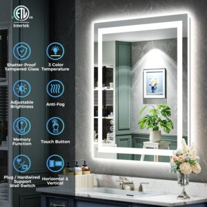 YEELAIT Espejo de baño LED de 24 x 36 pulgadas con luces delanteras y traseras, espejo de tocador iluminado para pared de baño con 3 colores, regulable, antivaho, memoria, irrompible, IP54, impermeablE.