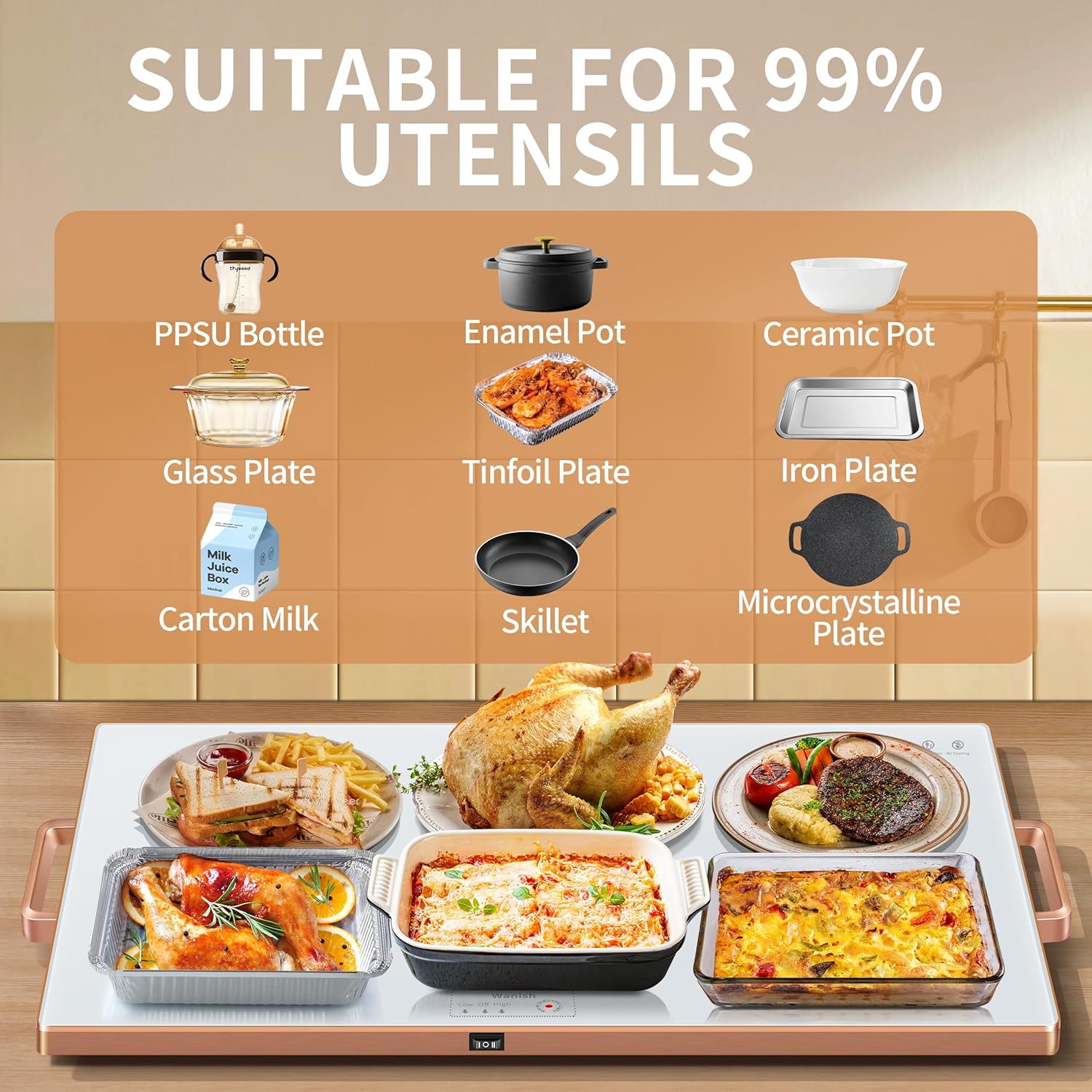 Wanish. Bandeja de calentamiento eléctrico (XXL 32 x 18 pulgadas), calentadores de alimentos para fiestas con termostato y calentamiento de superficie completa, alfombrilla de calentamiento de vidrio templado. - Image 5