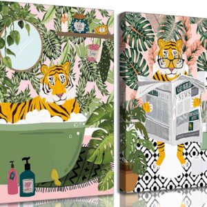 Arte de pared de 2 piezas divertido para tina, animales, arte de pared, arte de pared de tigre botánico tropical maximalista, lectura de tigre botánico en retrete, pintura de cuadros, decoración.