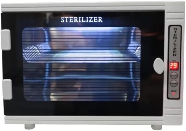 Esterilizador UV Metálico y de Cristal para equipo de SPA, Salón o barbería, Esterilizador Profesional con tiempo ajustable y dos charolas Extraíbles de acero Inoxidable.