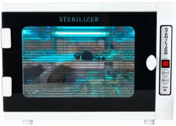 Esterilizador UV Metálico y de Cristal para equipo de SPA, Salón o barbería, Esterilizador Profesional con tiempo ajustable y dos charolas Extraíbles de acero Inoxidable. - Image 2