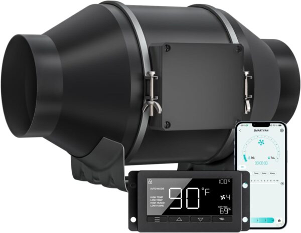 Toolazy Quiet Ventilador de conducto en línea 214 CFM de 4 pulgadas con driver de aplicación integrado WiFi, control de humedad de temperatura, ventilador de escape de ventilación para calefacción.
