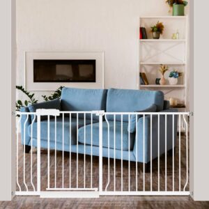 Puerta extra ancha para bebé de 62.2 a 66.9 pulgadas montada a presión, puertas de seguridad para perros y mascotas con puerta de paseo para puertas, escaleras, sin taladrar en la puerta, color blanco.
