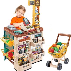 FLYSKY Juguetes Mini Supermercado,Juguete de Caja Registradora,Supermercado de Juguete para Niños,Tarjetas de Crédito,Escáneres,con Luces y Sonidos,para Niño Niñas.