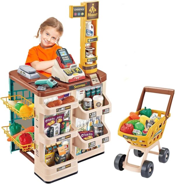 FLYSKY Juguetes Mini Supermercado,Juguete de Caja Registradora,Supermercado de Juguete para Niños,Tarjetas de Crédito,Escáneres,con Luces y Sonidos,para Niño Niñas.
