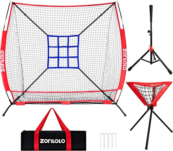 ZONLOLO Red portátil de béisbol y softbol de 6 x 6 pies para golpear, lanzar, batear y lanzar, con marco de arco resistente, playera de bateo, cesta de pelota y zona de golpe, tamaño medio, ideal.