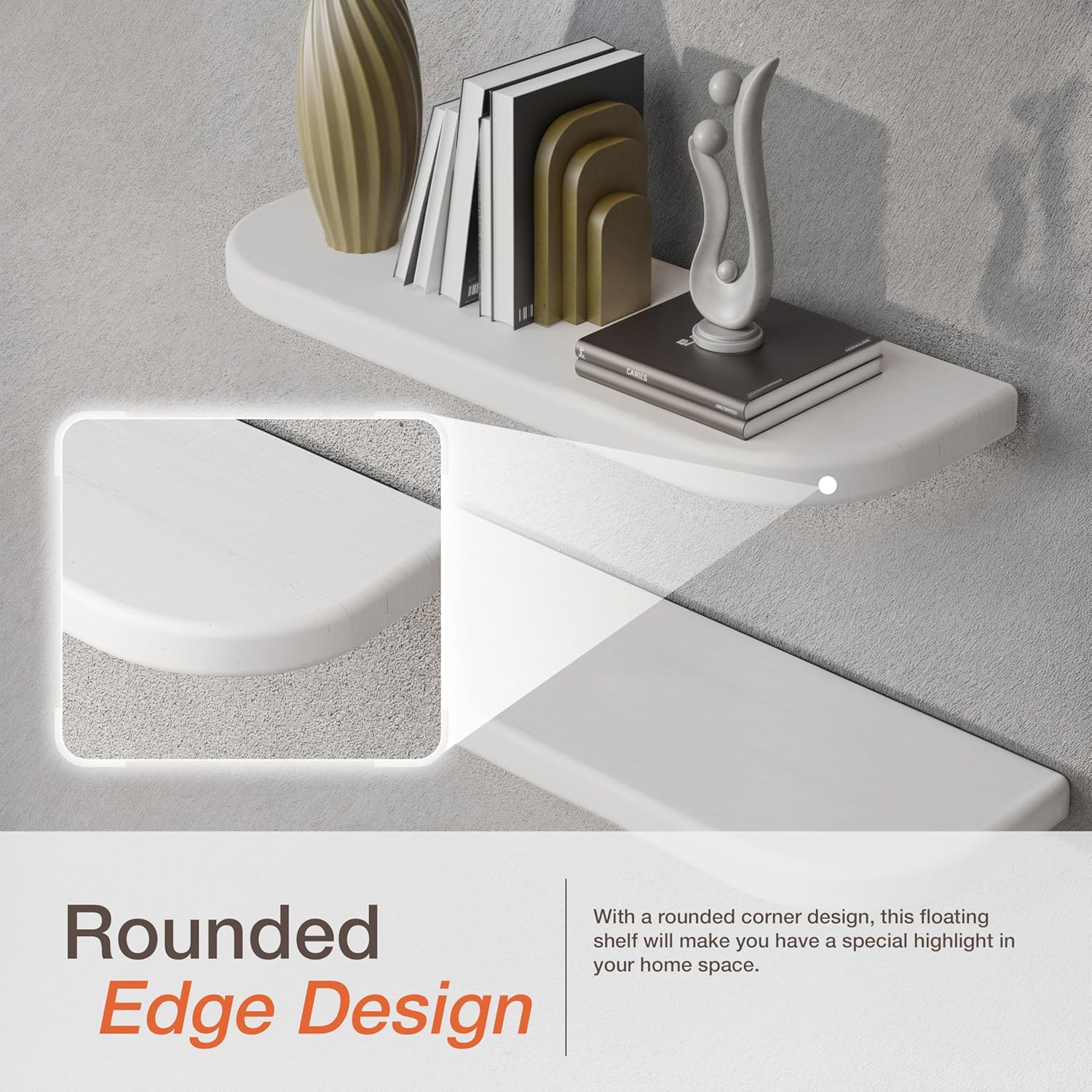 BATODA - Juego de 2 estantes flotantes de madera de acacia blanca de 17 pulgadas, montados en la pared (borde redondo), estantería decorativa de madera para pared, organizador de estantes de