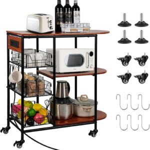 Estante para panaderos con toma de corriente, soporte para microondas de 3 niveles con 3 cestas de frutas, barra de café de metal en 4 ruedas, estación de bar de café, estante para microondas.