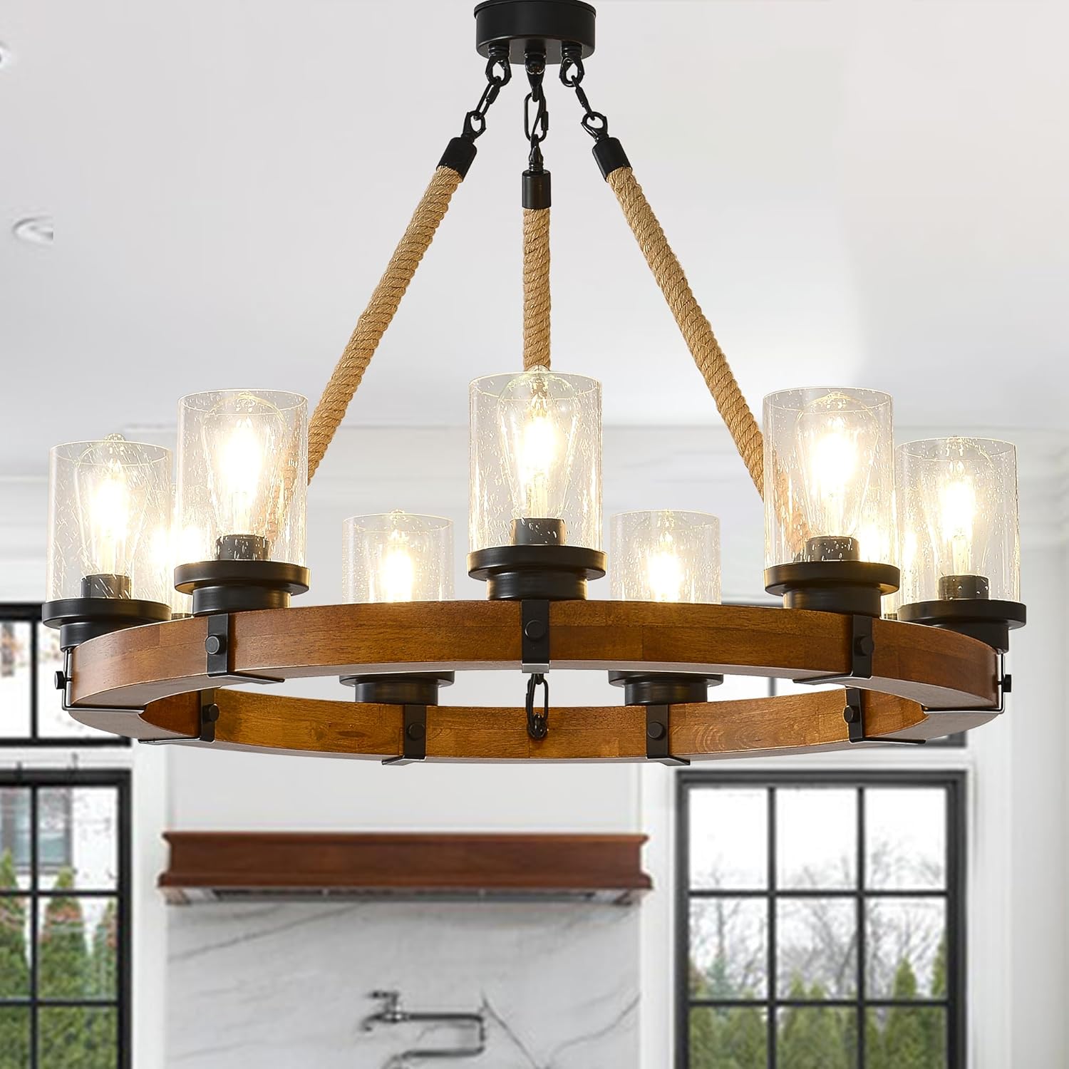 Wagon - Lámpara de araña de 32 pulgadas, lámpara de madera de granja con pantalla de vidrio de burbujas transparente, 9 luces, lámpara colgante redonda para comedor y sala de estar, entrada, vestíbulo.